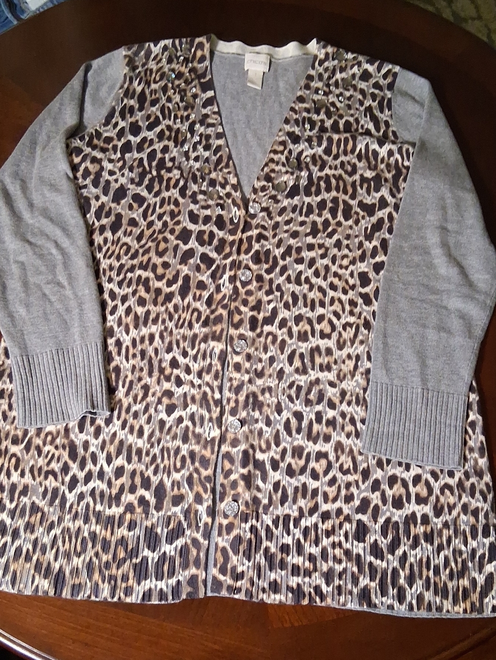 Chico's Gray Cardigan with Leopard-Print Front